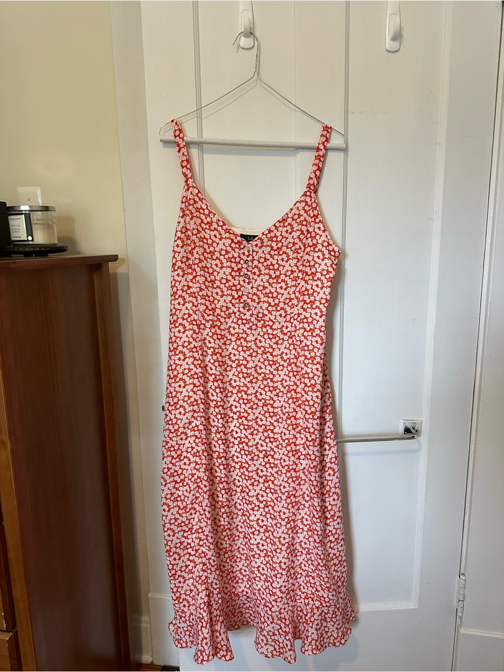 Lulu's Red Floral Slip Midi Dress with Spaghetti Straps